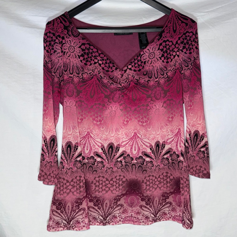 Axcess Liz Claiborne Pink Purple Ombre Floral Mesh V-Neck Top 3/4 Sleeve Large